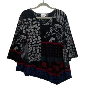 Parsley & Sage Womens 1X Mixed Print Sharkbite Hem V-Neck 3/4 Sleeve Tunic Top